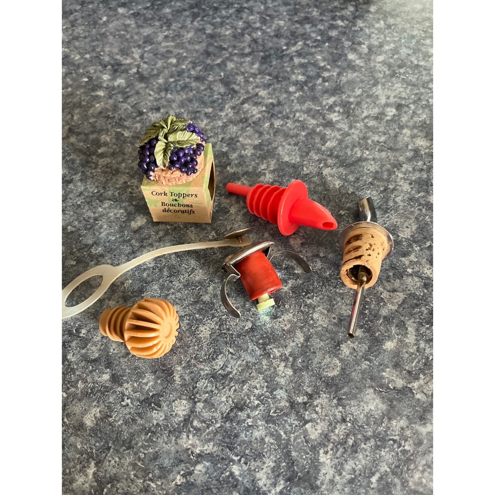 MSC Montreal Grape Cork Topper and Assorted Wine Bottle Pourers Stoppers St of 5